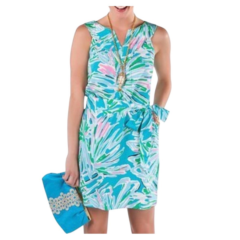 Lilly Pulitzer Giuliana Sleeveless Rayon Shift Dress Blue Pink Floral Gold Sz 2